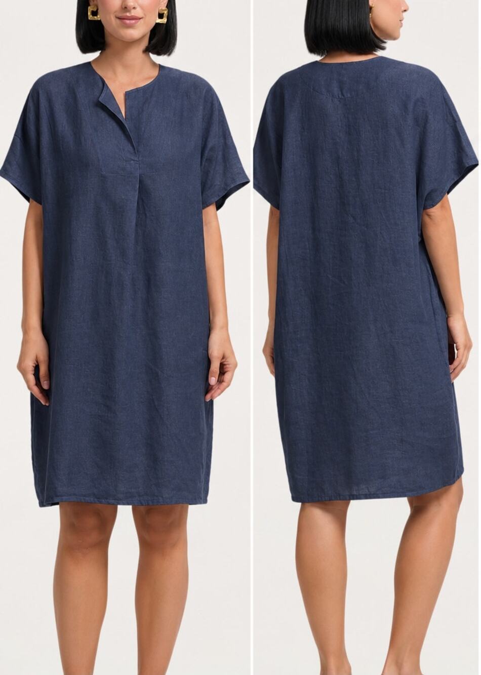 By The Sea Island of the Gods Padar 100% Linen Tunic Kaftan Dress Navy One Size